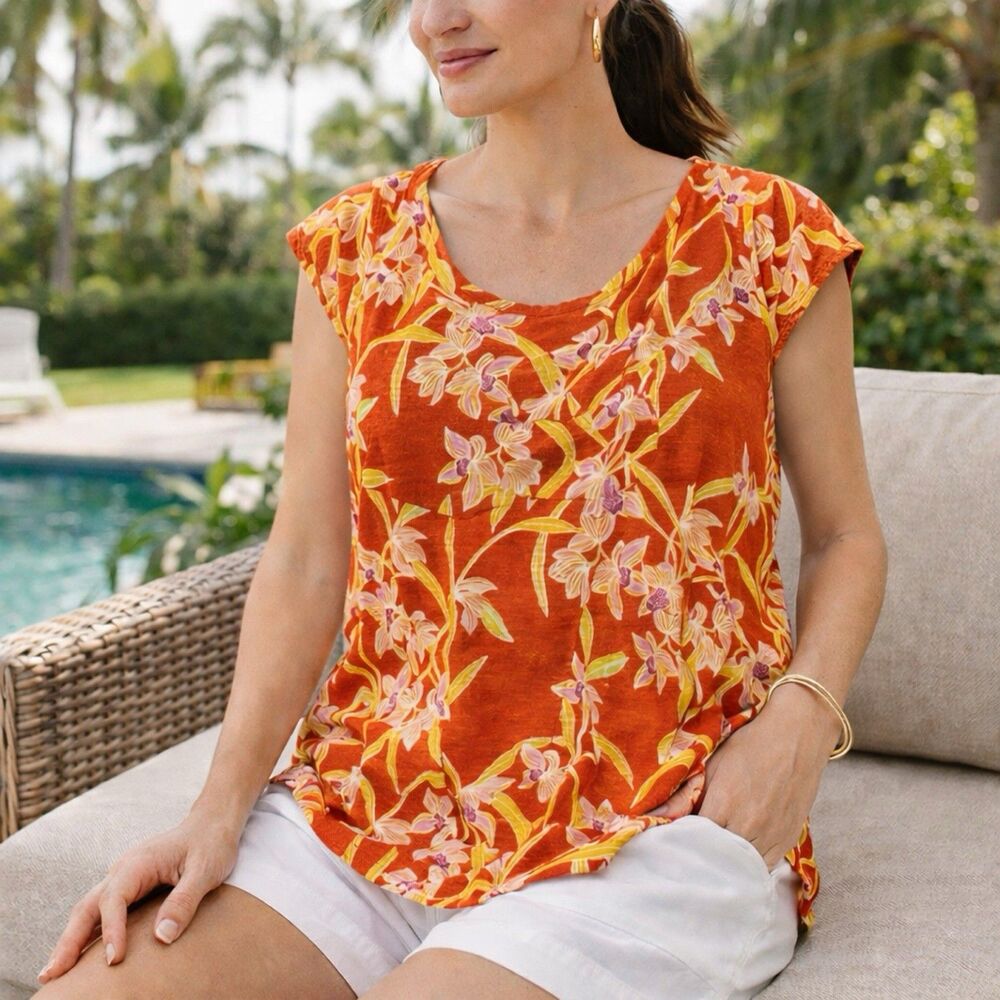 Rachel Zoe Size Large 100% Linen Floral Top Orange Yellow Sleeveless